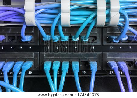Server rack with blue internet patch cord cables connected to black patch panel in server room horizontal gradient