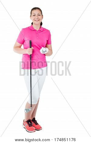 Happy Woman Golfer In Full Length Posing On A White Background