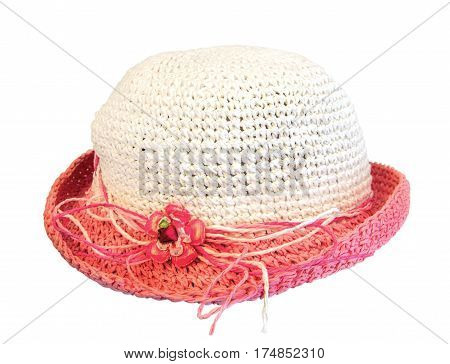 summer pink straw hat isolated on white background