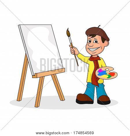 On the image presented Сheerful artist with a brush and paints a vector illustration.