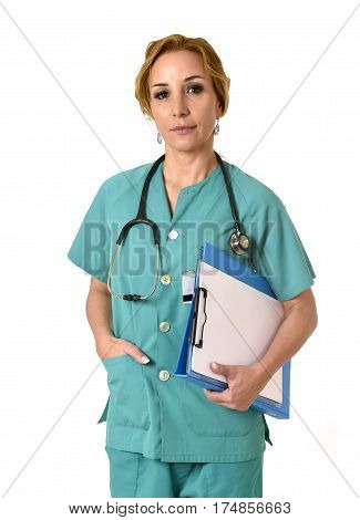 corporate portrait of beautiful woman md emergency doctor or nurse posing serious with stethoscope in health care and hospital clinic work staff concept isolated background