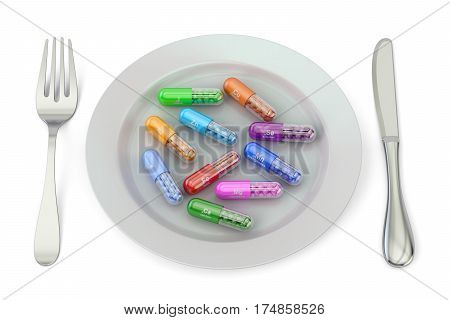 Diet and healthy meal concept. Plate with microelement capsules 3D rendering