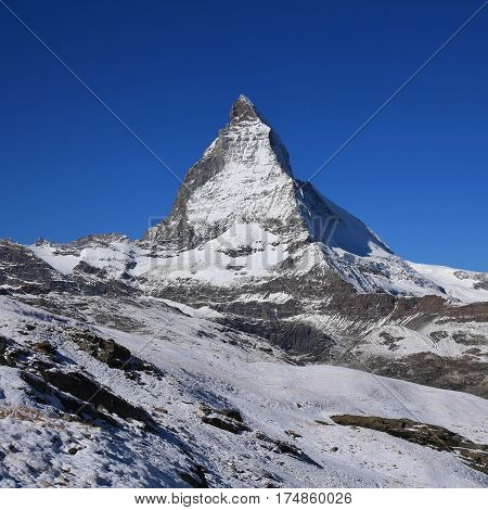 Snow covered Matterhorn. View from Riffelberg Zermatt.