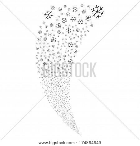 Snowflake random fireworks stream. Vector illustration style is flat gray iconic symbols on a white background. Object fountain constructed from scattered pictograms.