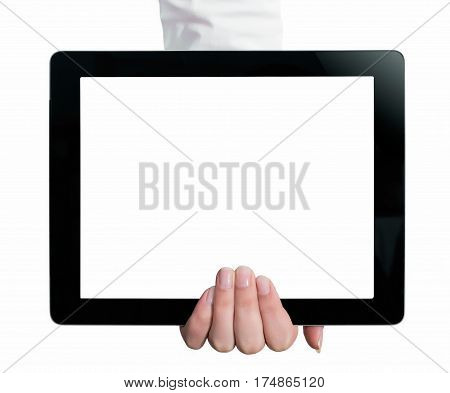 Hand Holding A Tablet Computer With White Screen. Woman Hands Showing Empty Screen Of Modern Digital