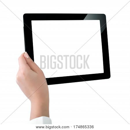 Hand Holding A Tablet Computer With White Screen. Woman Hands Showing Empty Screen Of Modern Digital