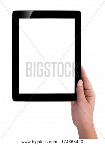 Hand Holding A Tablet Computer With White Screen. Woman Hands Showing Empty Screen Of Modern Digital