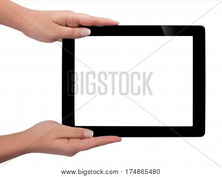 Hand Holding A Tablet Computer With White Screen. Woman Hands Showing Empty Screen Of Modern Digital