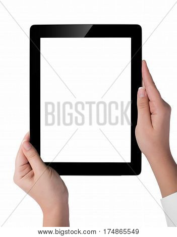Hand Holding A Tablet Computer With White Screen. Woman Hands Showing Empty Screen Of Modern Digital