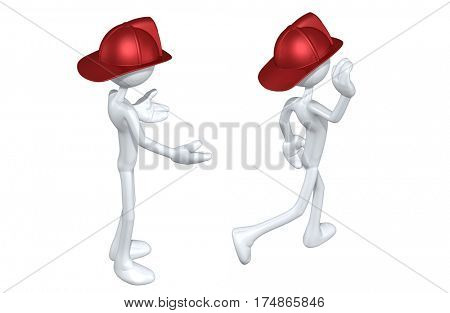 The Original 3D Character Illustration Fireman Walking Away From Another
