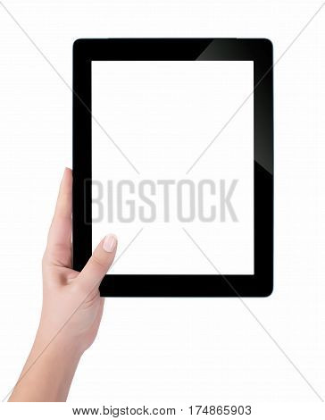 Hand Holding A Tablet Computer With White Screen. Woman Hands Showing Empty Screen Of Modern Digital