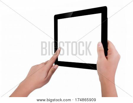 Hand Holding A Tablet Computer With White Screen. Woman Hands Showing Empty Screen Of Modern Digital