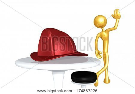 The Original 3D Character Illustration Walking Away From A Fire Fighters Helmet