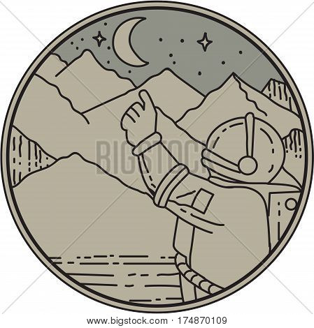 Mono line style illustration of an astronaut pointing at moon and stars with mountain in the background set inside circle.