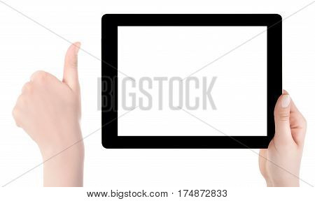 Hand Holding A Tablet Computer With White Screen. Woman Hands Showing Empty Screen Of Modern Digital