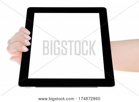 Hand Holding A Tablet Computer With White Screen. Woman Hands Showing Empty Screen Of Modern Digital