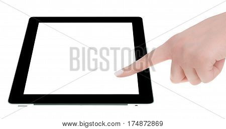 Hand Holding A Tablet Computer With White Screen. Woman Hands Showing Empty Screen Of Modern Digital