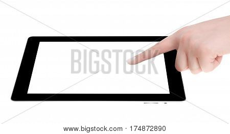 Hand Holding A Tablet Computer With White Screen. Woman Hands Showing Empty Screen Of Modern Digital