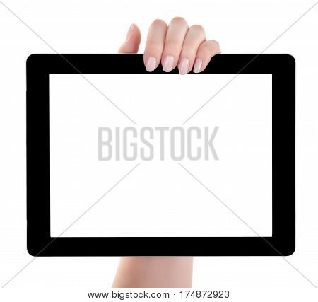 Hand Holding A Tablet Computer With White Screen. Woman Hands Showing Empty Screen Of Modern Digital