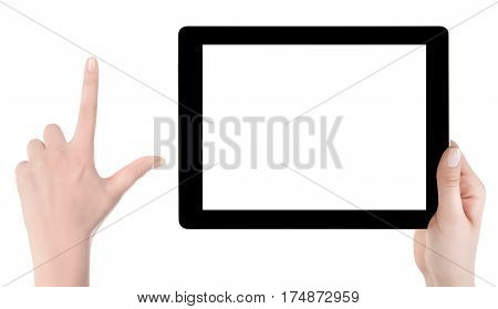 Hand Holding A Tablet Computer With White Screen. Woman Hands Showing Empty Screen Of Modern Digital