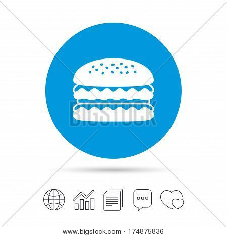 Hamburger icon. Burger food symbol. Cheeseburger sandwich sign. Copy files, chat speech bubble and chart web icons. Vector