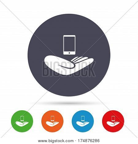 Smartphone insurance sign. Hand holds mobile phone symbol. Round colourful buttons with flat icons. Vector