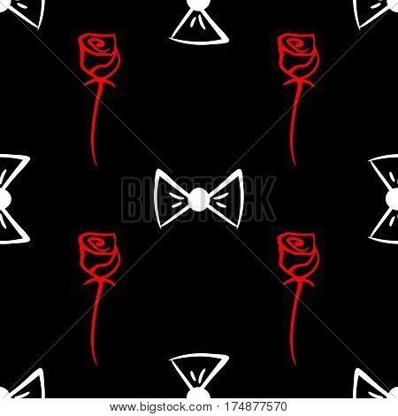 Background with repeating roses and bows. Seamless pattern. Vector illustration. Sketch doodle drawn fine brush strokes. Red white black.