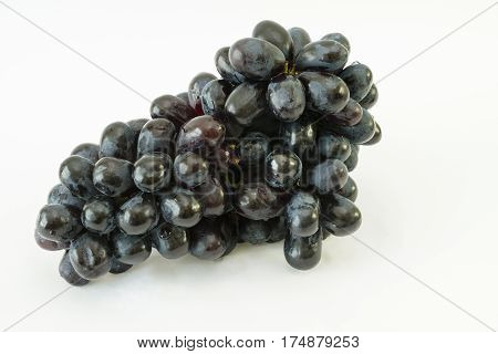 Bunch of black seedless grapes (Vitis vinifera) with water drops on a white background