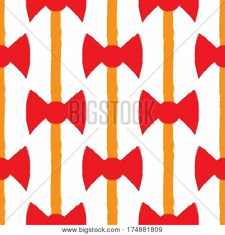 Vertical strips with bows. Seamless pattern. Drawn rough brush. Endless background. Vector illustration. Red orange white.