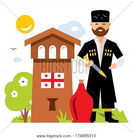 Georgian man in national dress, the old tower. Isolated on a white background