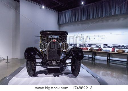 Los Angeles CA USA -- March 4 2017: Yellow and black 1929 Bugatti Type 44 Fiacre at the Petersen Automotive Museum in Los Angeles California United States. Editorial only.