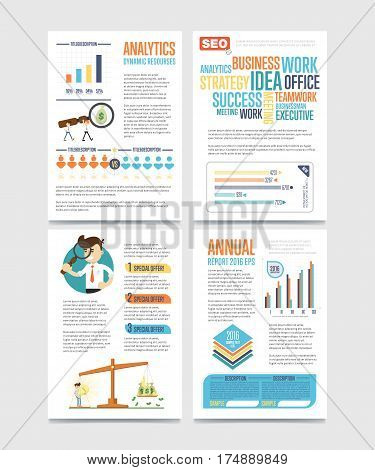 Business infographics banner set with charts vector illustration. Business seo statistics, dynamic resources, planning and analytics concept, annual report template. Data visualization, chart, graph.