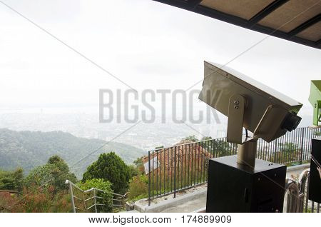 Binoculars Looking Penang City At Bukit Bendera
