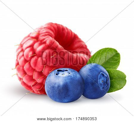 Raspberry with blueberry. Wild berries isolated with leaves on white background. Clipping path. Close up. Macro.