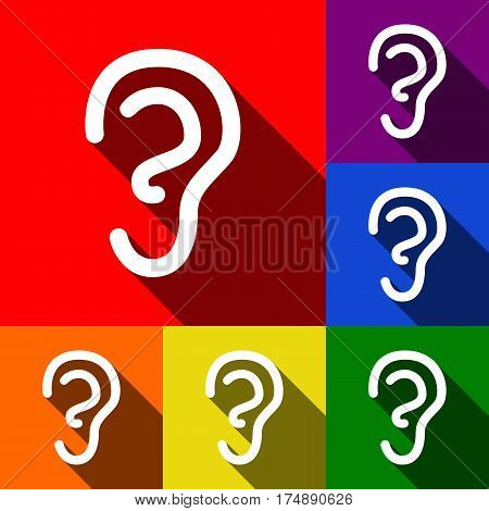 Human ear sign. Vector. Set of icons with flat shadows at red, orange, yellow, green, blue and violet background.
