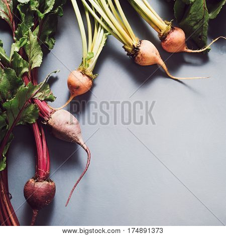 Mix Of Red And Gold Beets On Grey Background. Food Background. Concept Of Healthy Eating