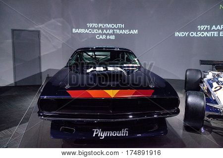 Los Angeles CA USA -- March 4 2017: Black 1970 Plymouth Barracuda AAR Trans-Am car number 48 at the Petersen Automotive Museum in Los Angeles California United States. Editorial only.