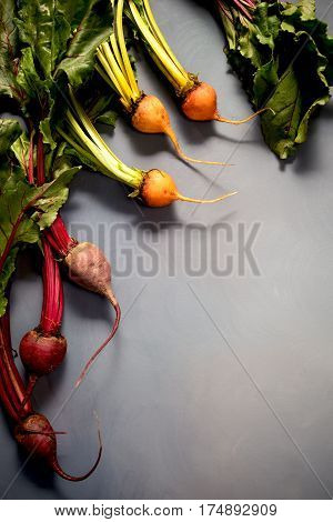 Mix Of Red And Gold Beets On Grey Background. Food Background. Concept Of Healthy Eating