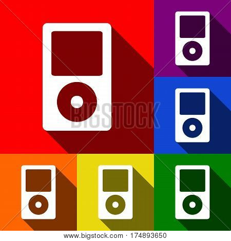 Portable music device. Vector. Set of icons with flat shadows at red, orange, yellow, green, blue and violet background.