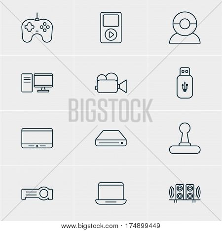 Vector Illustration Of 12 Accessory Icons. Editable Pack Of Loudspeaker, Media Controller, PC And Other Elements.