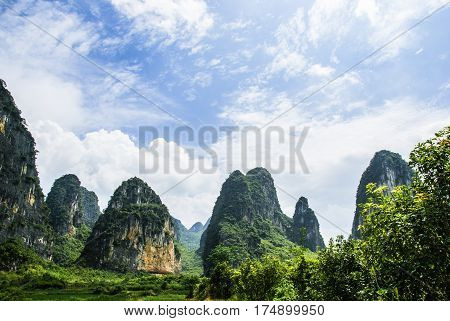 The karst mountains and rural scenery in summmer