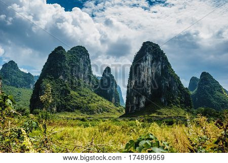 The karst mountains and rural scenery in summmer