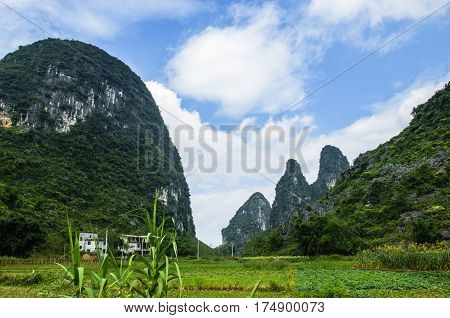 The karst mountains and rural scenery in summmer
