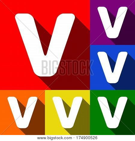 Letter V sign design template element. Vector. Set of icons with flat shadows at red, orange, yellow, green, blue and violet background.