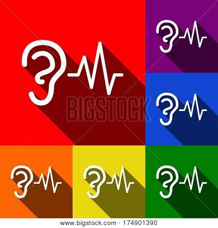 Ear hearing sound sign. Vector. Set of icons with flat shadows at red, orange, yellow, green, blue and violet background.
