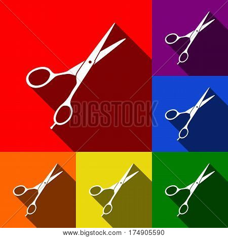 Hair cutting scissors sign. Vector. Set of icons with flat shadows at red, orange, yellow, green, blue and violet background.