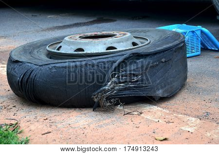 Wheel Tire Of Bus Broken And Explosion On The Road