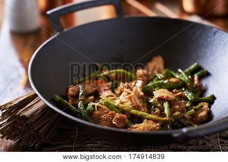Chinese stir fry close up in Asian wok