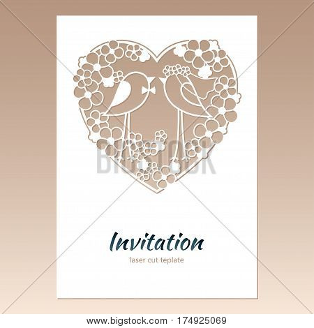 Card invitation with openwork heart and two birds. Laser cutting template for greeting cards envelopes wedding invitations decorative elements.