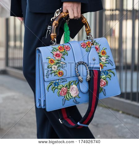MILAN ITALY - FEBRUARY 25: Detail of bag outside Antonio Marras fashion show during Milan Women's Fashion Week on FEBRUARY 25 2017 in Milan.